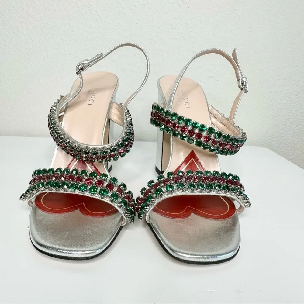 NEW GUCCI Bertie Nappa Leather Crystal Strappy Sandals Size 37 Silver - Picture 5 of 11